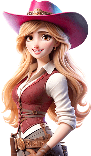 Cowgirl character in a pink hat from Spadegaming's Gold West