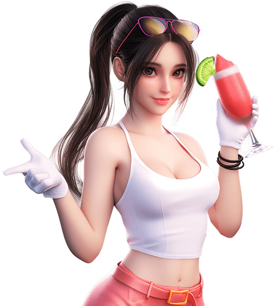 Woman holding a pink cocktail from Spadegaming's Juicy Market