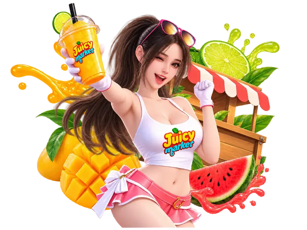 Juicy Market slot character holding a fruit drink in front of a fruit stand