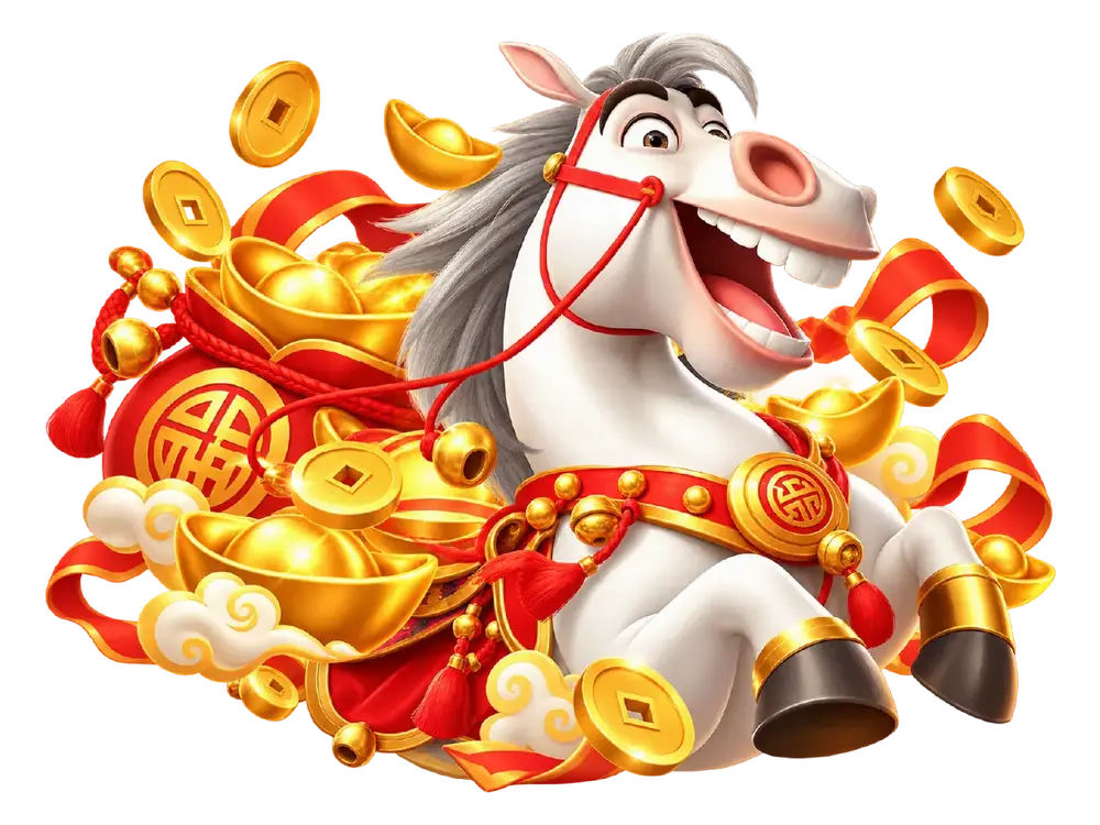 Lucky Horse slot white horse surrounded by gold ingots and coins