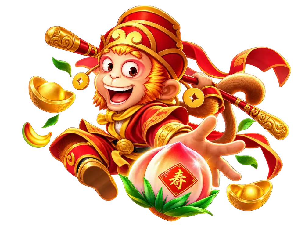 Monkey King character with a golden staff holding a longevity peach and gold ingots
